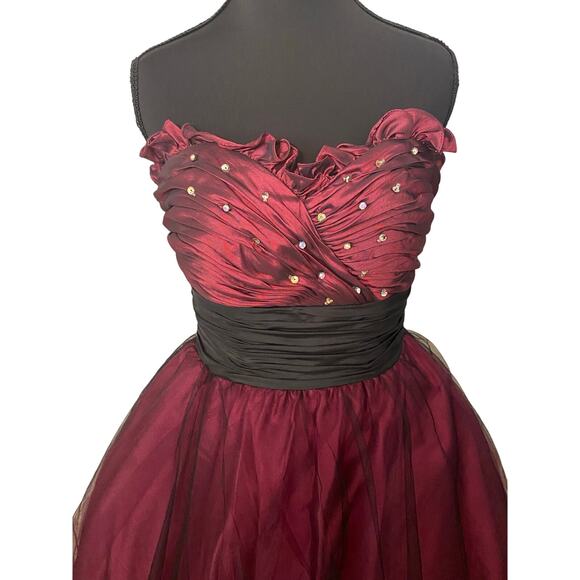 Burgundy Holiday Party Dress Black Tulle Rhinestone Sze 4 Whimsigoth Christmas - Picture 2 of 14